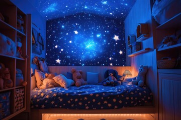 Fantasy kids bedroom with starry sky projected on ceiling and walls