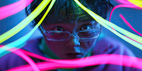 Poster - Portrait of Person with Glasses and Neon Light Tubes