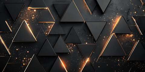Wall Mural - Abstract black geometric background with glowing triangles