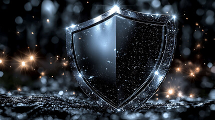 Poster - Dramatic, metallic shield on dark background with sparkling lights.  Perfect for security, protection, or technology concepts. Ideal for websites, presentations, or marketing materials.