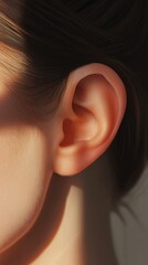 Poster - Close up of a healthy ear, bathed in warm sunlight, symbolizing good hearing and the ability to perceive sounds clearly, highlighting the importance of auditory health