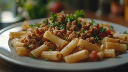 Wall Mural - Pasta and Meat on White Plate