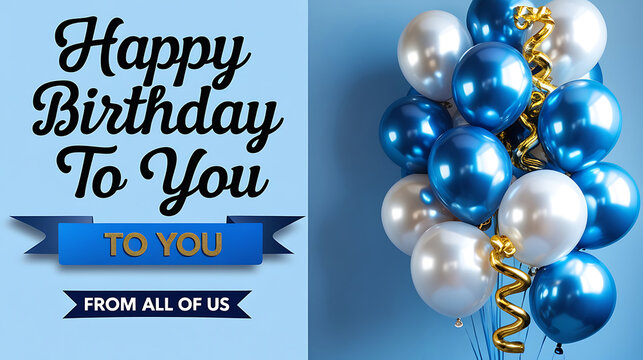 Elegant Blue Birthday Card with Balloons and Ribbon Banner