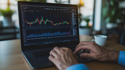 Poster - Market Trends Analysis: Close-up of a businessman's hands typing on a laptop, focused on a stock market chart displayed on the screen, depicting the intricate world of finance and investment.  