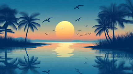 Wall Mural - Tropical sea landscape with palm trees on shore in early morning. Vector cartoon illustration of seascape panorama, ocean lagoon or harbor, sand beach, flying birds and moon in sky