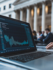 Poster - Financial Data Analysis on Laptop: A close-up shot of a laptop displaying dynamic financial data charts and graphs, set against the blurred backdrop of a financial district.