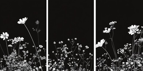 Wall Mural - Black and White Flowers on Black Background