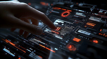 Poster - Hand interacts with futuristic interface; data streams in background
