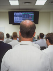 Poster - Focused on the Market: A rear view of a group of business professionals attentively watching a large screen displaying market data during a presentation or meeting. The image conveys focus.