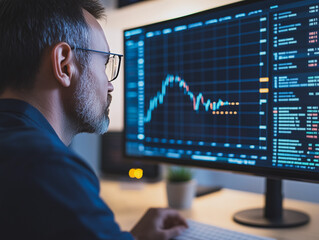 Poster - Market Analyst at Work: A focused man analyzes financial data on a large computer monitor, showcasing stock market trends and insightful decision-making in the world of finance.