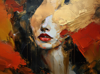 Aufkleber - A captivating portrait, rendered in rich impasto, showcases a woman's face partially obscured by vibrant strokes of red, gold, and black paint. The expressive use of color and texture creates a sense 