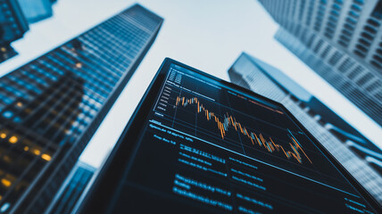 Poster - stock market data display: a low-angle shot of a digital screen displaying dynamic stock market data
