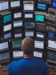 Poster - Surrounded by Screens: A man sits before a wall of computer monitors, each displaying various data and information, symbolizing the overwhelming nature of modern technology and data overload. 