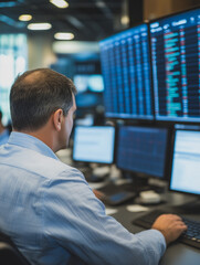 Poster - Analyst at Work:  A focused businessman working diligently in front of a wall of computer monitors displaying data, capturing the essence of modern finance and technology.