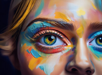 Aufkleber - Close-up of a woman's eye and face, adorned with vibrant, abstract paint splatters in shades of blue, yellow, and orange.  The style is reminiscent of digital art or painting.
