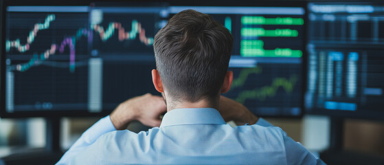 Poster - Market Analyst at Work: A focused male analyst reviews market data on multiple monitors, his posture suggesting intense concentration and careful analysis of financial trends.  
