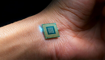 Poster - Close-up shot of a computer processor resting on a person's palm.  The image showcases the intricate detail of both the chip and skin texture.