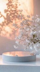 Aufkleber - Soft reflections dance upon a minimalist mirrored podium as a bouquet of white flowers casts gentle shadows in a calm indoor space, warmed by natural light