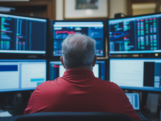 Poster - The Analyst's Gaze: A seasoned financial professional, viewed from behind, meticulously analyzes data on a multi-monitor workstation.