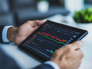 Poster - Market Downturn Analysis: A close-up shot of a person's hands holding a tablet displaying a sharply declining stock market graph, indicating market volatility and financial uncertainty.