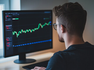 Poster - Stock Market Success: A young man intently studies a computer screen displaying a positive upward trending stock market graph, showcasing determination and focus in the pursuit of financial success. 