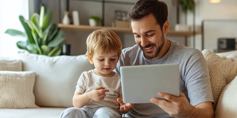 Wall Mural - Causian daddy and his child learning to control smart home app on tablet, chat online using tablet, read e-book, watch cartoon, while sitting on sofa in modern stylish living room.