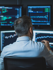 Poster - Night Trader: A focused man sits before multiple monitors displaying complex financial data, analyzing charts and graphs in a dimly lit room. The image conveys intensity, concentration.