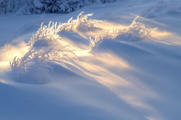 Wall Mural - crystalline ice formations on black pine branches, pristine snow blanket, ethereal winter morning light