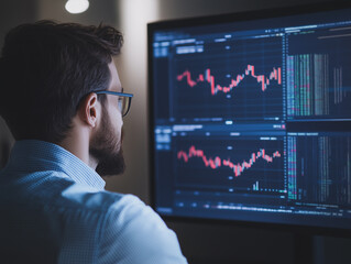 Poster - The Analyst's Focus:  A focused businessman in glasses analyzes financial data displayed on multiple computer screens, illuminated by the soft glow of a desk lamp.