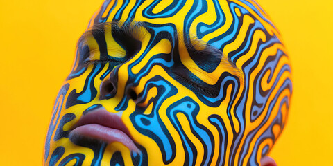 Poster - human face with abstract yellow, blue, and black pattern