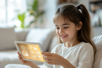 Wall Mural - A girl learns how to use a new smart home technology using a tablet. Online chat, school distance learning.