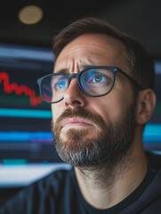 Poster - worried investor: close-up portrait of a man with a beard and glasses, looking concerned at a comput