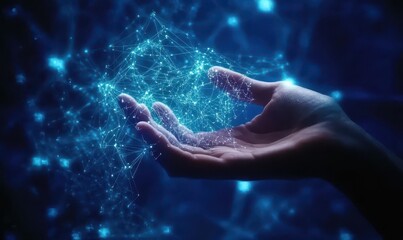 Aufkleber - A Hand Holding a Glowing Blue Network of Light and Energy