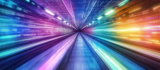 Poster - Abstract Data Tunnel with Vibrant Rainbow Colors and Glowing Lines