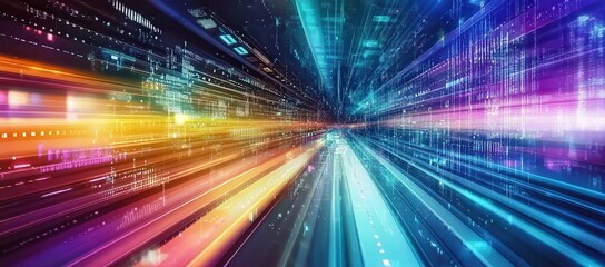 Poster - Abstract Digital Data Stream: Vibrant Rainbow Colors and Dynamic Light Streaks