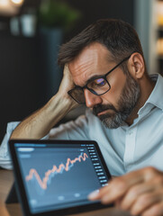 Wall Mural - Analyzing the Market: A businessman with a serious expression, his hand resting thoughtfully on his chin, scrutinizes a chart on a tablet.