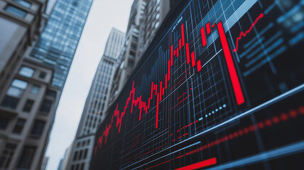 Poster - Financial Downturn: A stark visual representation of economic hardship, with a red stock market graph plummeting against a backdrop of towering city buildings.