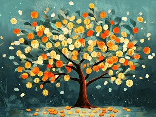 Aufkleber - Abstract Painting of an Orange Tree with Warm Colors and Teal Background