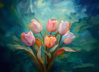Aufkleber - A vibrant oil painting depicts a bouquet of pastel tulips against a teal, textured background.  The light highlights the delicate petals and lush green leaves.
