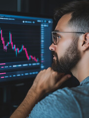 Poster - The Market's Pulse: A focused man in glasses studies a fluctuating financial chart on his computer screen.