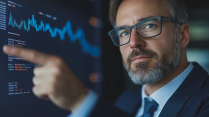 Poster - strategic vision: a seasoned businessman, with a discerning gaze, analyzes a dynamic graph displayed