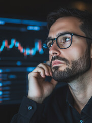 Poster - strategic focus: a pensive businessman, wearing glasses, gazes thoughtfully at financial charts disp