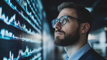 Poster - Data Analyst Contemplation: A pensive young man with a beard and glasses gazes intently at a large screen filled with dynamic data streams.