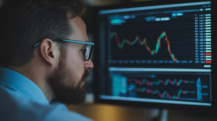 Poster - Market Analyst at Work: A focused male analyst intently studies financial data displayed on multiple computer screens, showcasing dedication and precision in the world of finance. 