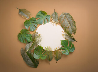 Poster - A blank circular sign is surrounded by lush, tropical leaves arranged in a circular pattern against a muted brown background.  The scene evokes a feeling of summer and tranquility.