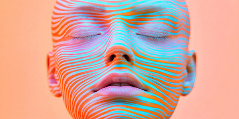 Poster - Human Face with Curvilinear Orange and Cyan Body Paint