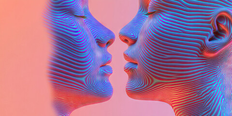 Poster - Digital Rendering of Two Faces in Profile, with Line Texturing