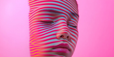 Poster - human face with projected stripes, pink background