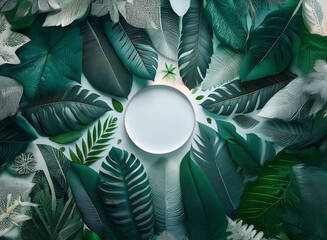 Poster - Lush green and silver tropical leaves create a vibrant circular frame surrounding a blank, pale disc.  Perfect for showcasing products or designs.