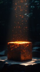 Aufkleber - In a serene forest at twilight, an ornate metallic bronze podium stands elevated, radiating warm amber light. Particles of light dance around it, creating a magical atmosphere